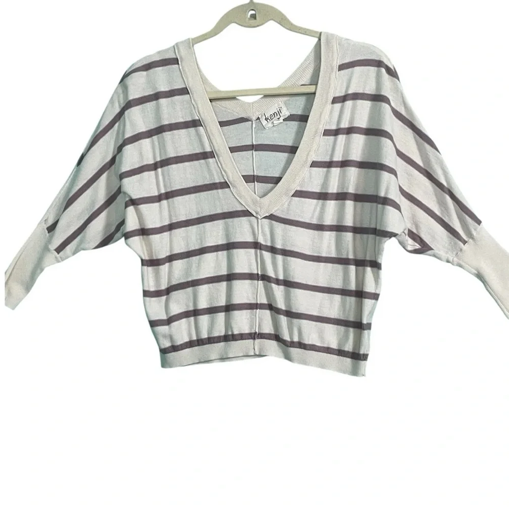 Kenji crop lightweight, loose fit sweater dolman sleeves back V mauve stripe
